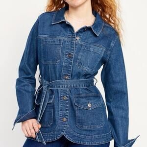 Old Navy (XS) Denim Chore Jacket Belted Tie Waist Utility Minimalist Dark Wash